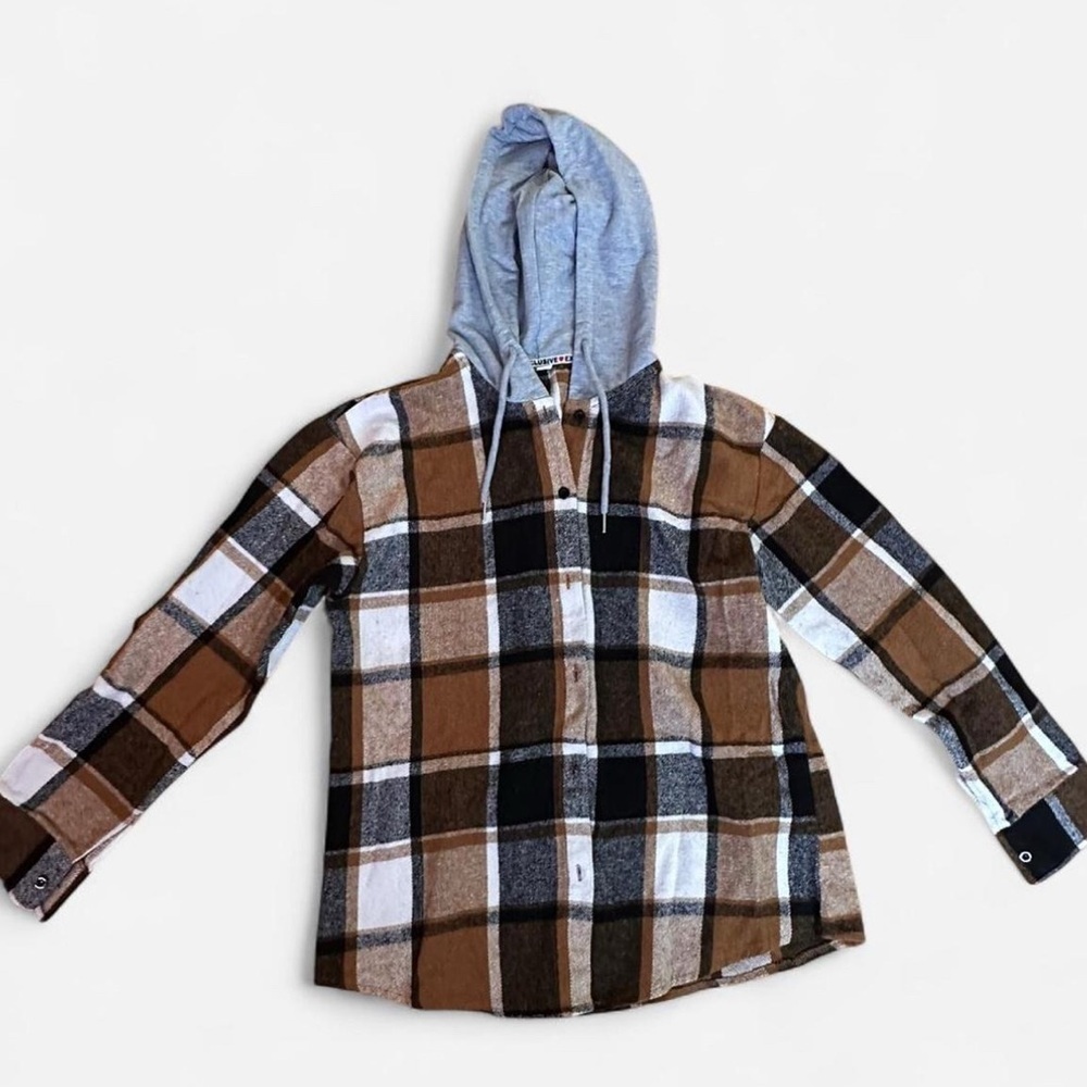 Women’s Black and Brown Plaid Flannel Hoodie shacket size Large